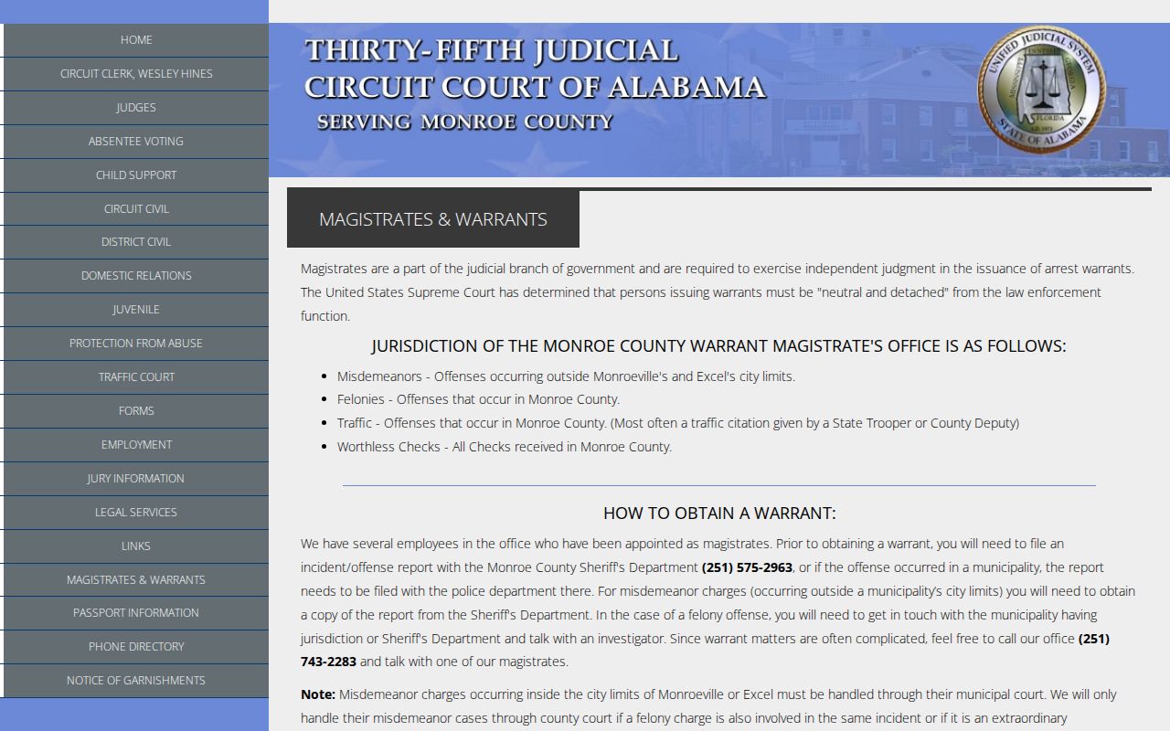 Monroe County Magistrates and Warrants procedure page
