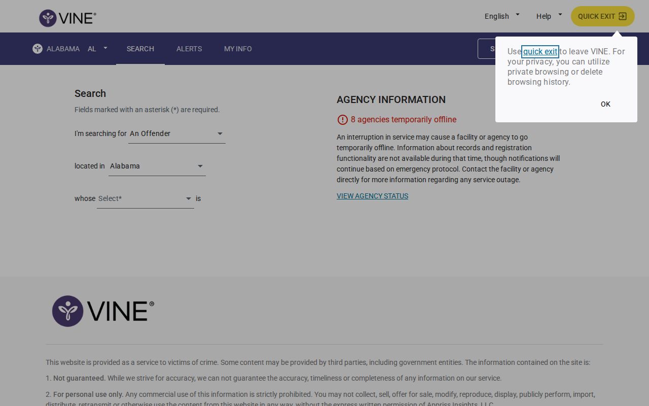 Alabama VINELink person and county search interface without personal data