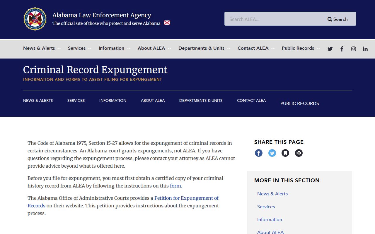 ALEA criminal record expungement guidance page